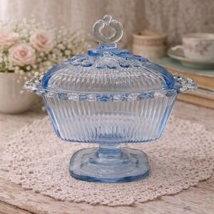 Vtg Indiana Blue Tinted Glass Covered Candy Dish Compote Ornate Lidded